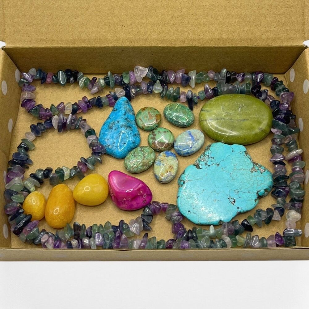 Mixed Lot Gemstone Beads Rocks Jewelry Crafting Fluorite Chrysocolla Granite Etc